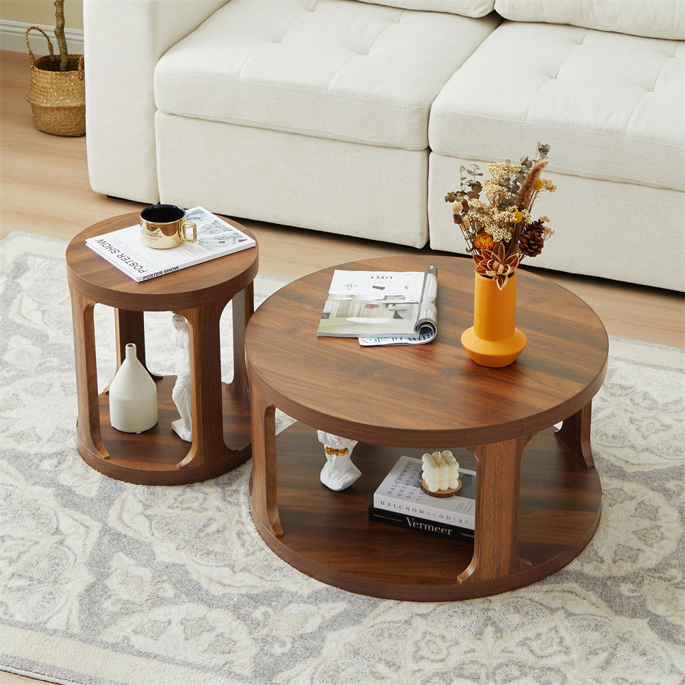 Walnut Modern Side Table Round Nesting Coffee Table Set of 2 with Storage Shelf