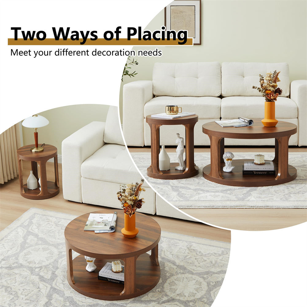 Walnut Modern Side Table Round Nesting Coffee Table Set of 2 with Storage Shelf