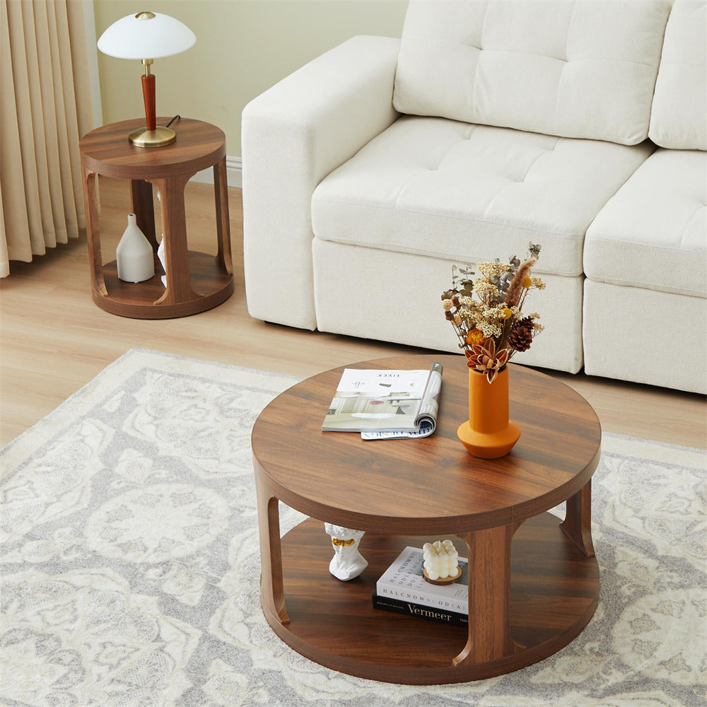 Walnut Modern Side Table Round Nesting Coffee Table Set of 2 with Storage Shelf
