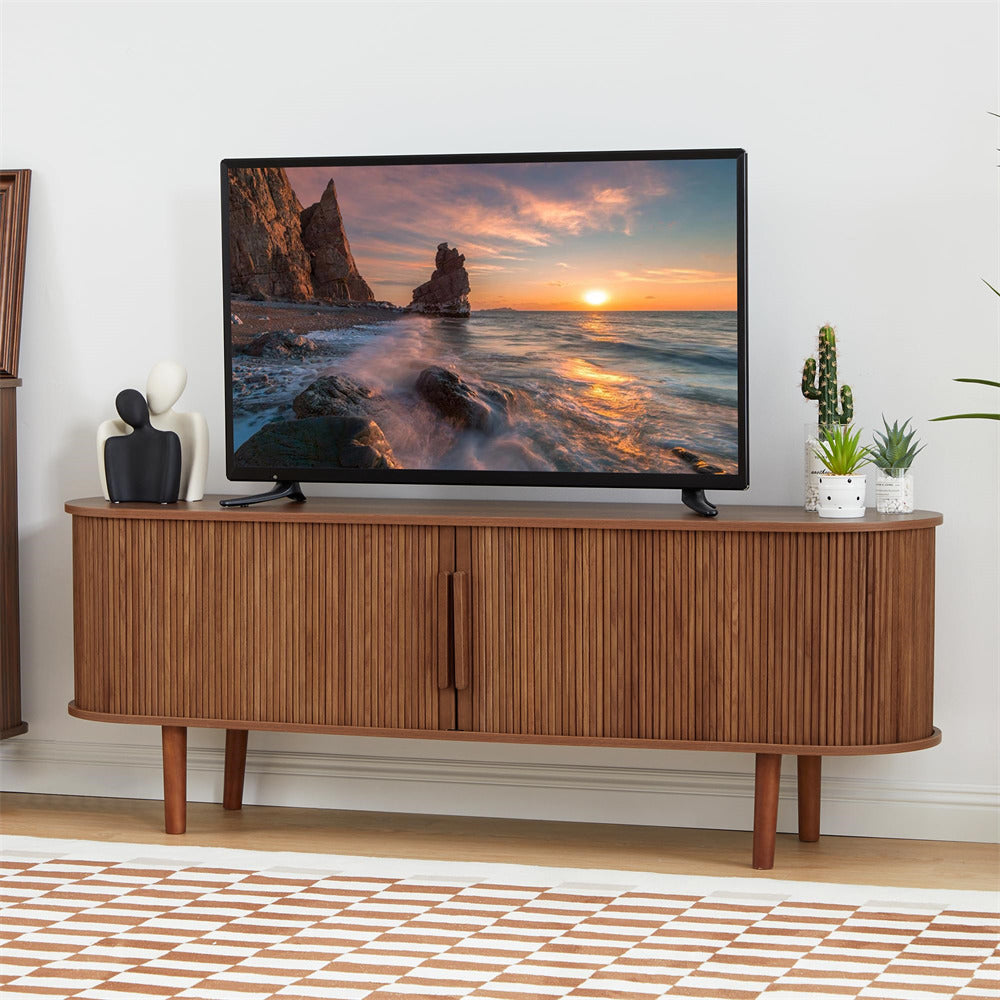Walnut Modern TV Stand 65 Inch Console Table with Storage Compartment and Sliding Door