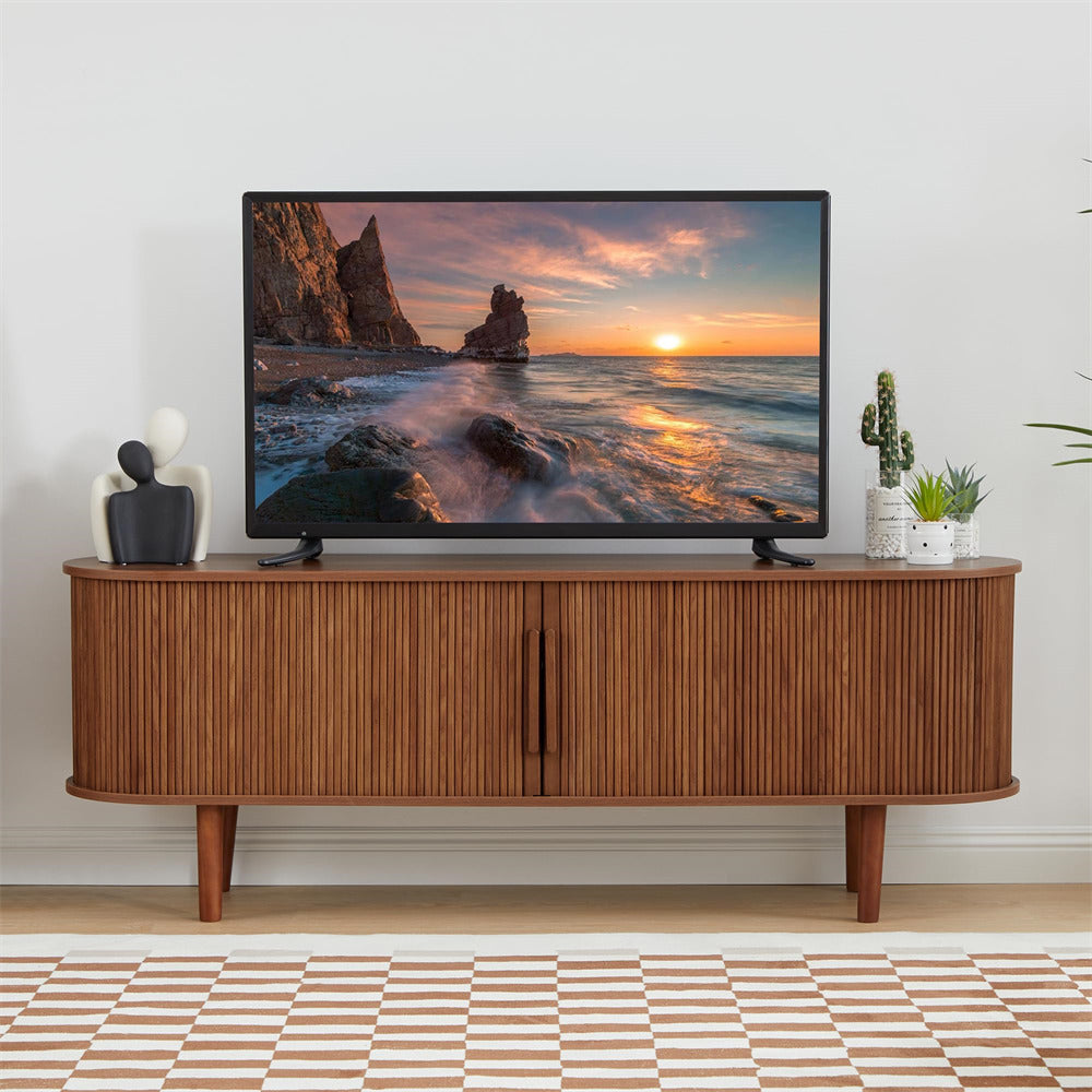 Walnut Modern TV Stand 65 Inch Console Table with Storage Compartment and Sliding Door