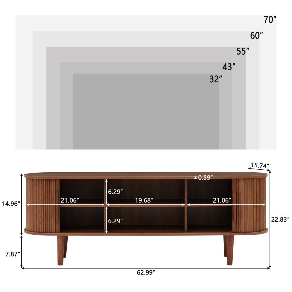 Walnut Modern TV Stand 65 Inch Console Table with Storage Compartment and Sliding Door Size