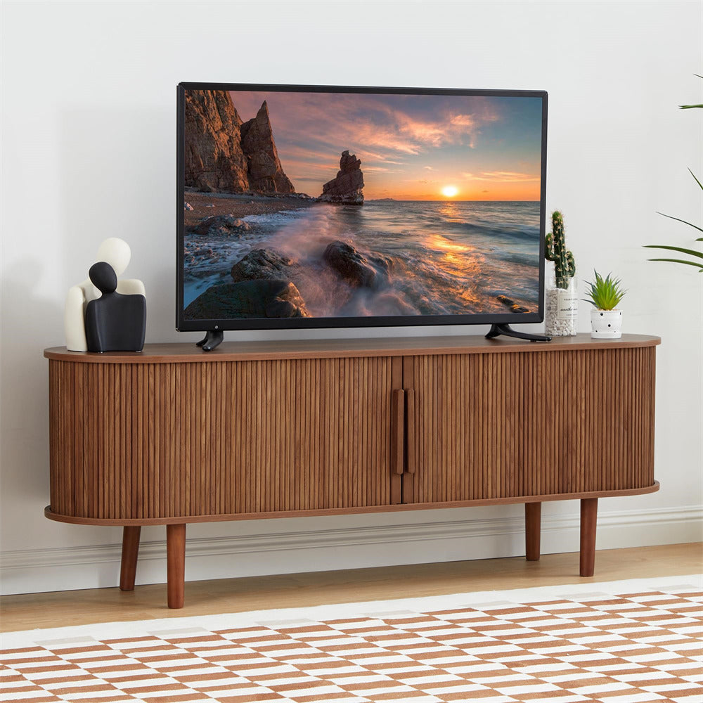 Walnut Modern TV Stand 65 Inch Console Table with Storage Compartment and Sliding Door