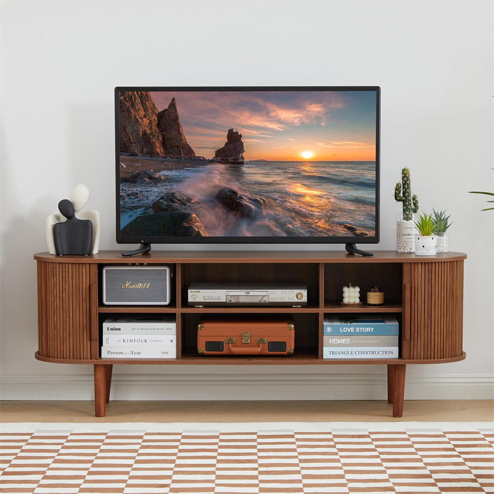 Walnut Modern TV Stand 65 Inch Console Table with Storage Compartment and Sliding Door