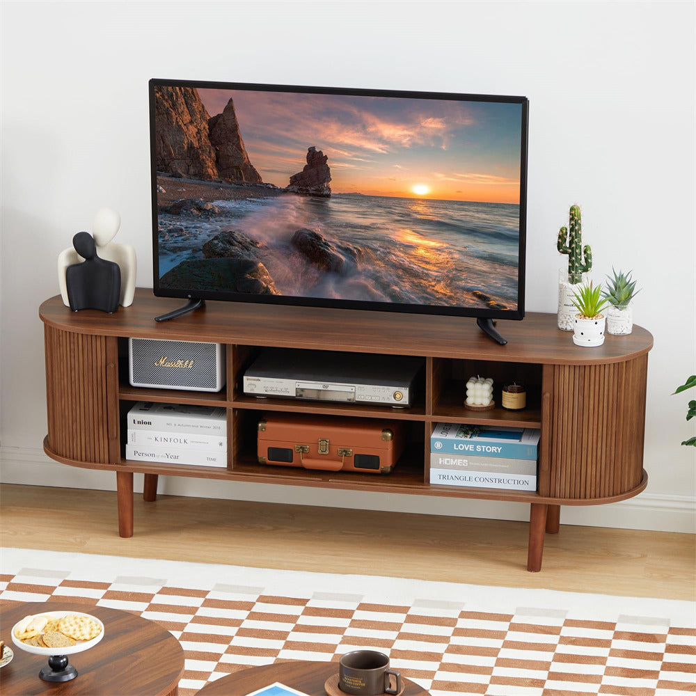 Walnut Modern TV Stand 65 Inch Console Table with Storage Compartment and Sliding Door