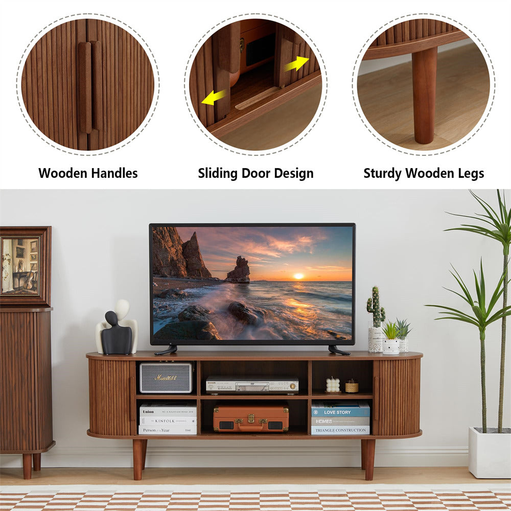 Walnut Modern TV Stand 65 Inch Console Table with Storage Compartment and Sliding Door