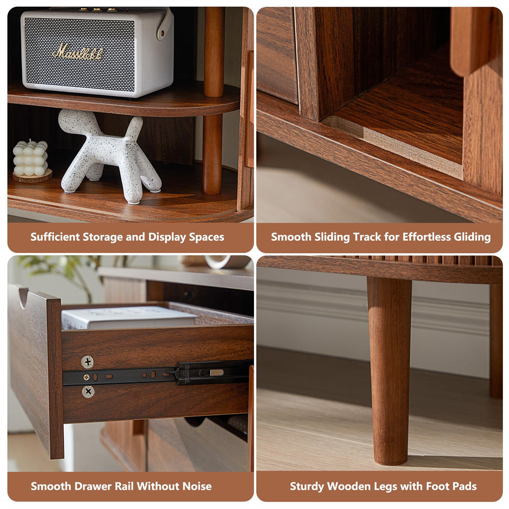 Walnut Modern TV Stand Console Table Entertainment Center with Storage Compartment and Sliding Door