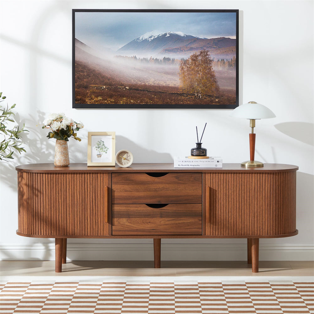 Walnut Modern TV Stand Console Table Entertainment Center with Storage Compartment and Sliding Door