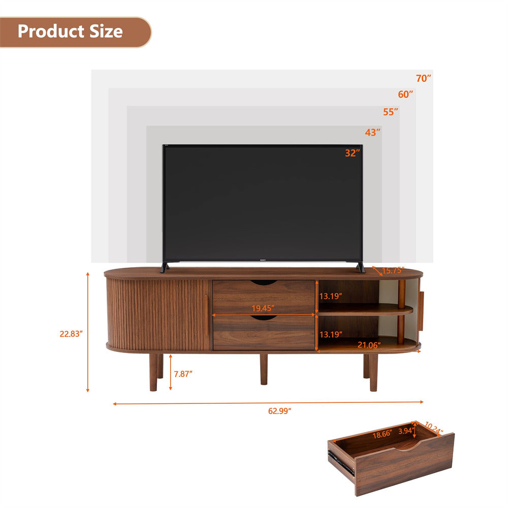 Walnut Modern TV Stand Console Table Entertainment Center with Storage Compartment and Sliding Door