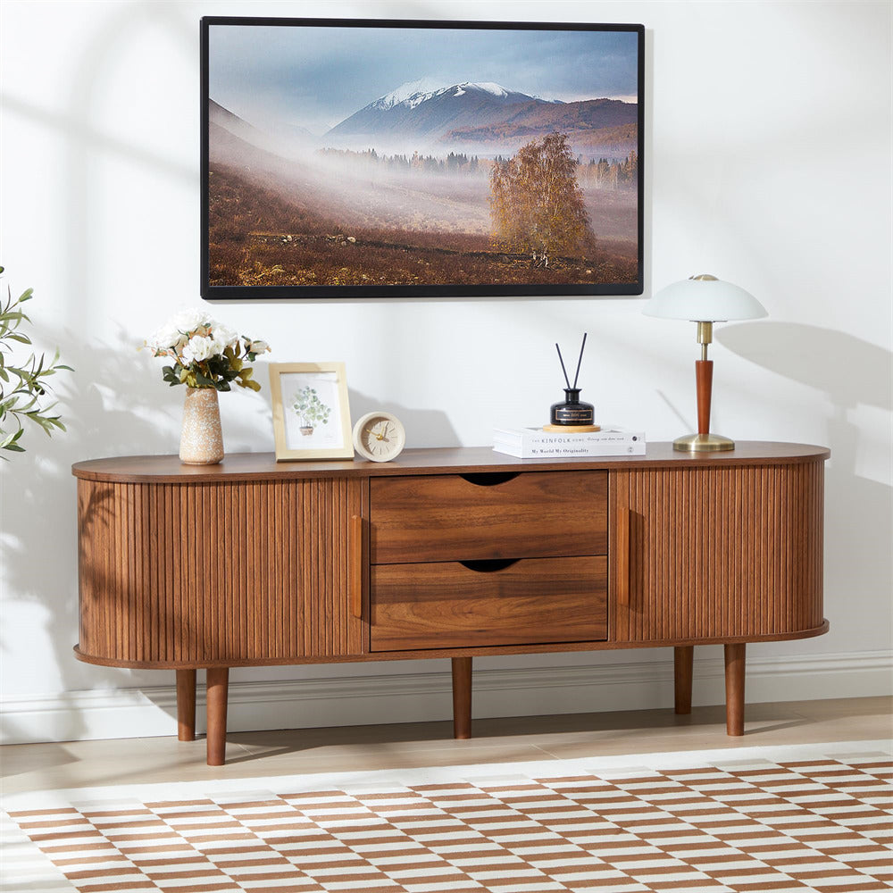 Walnut Modern TV Stand Console Table Entertainment Center with Storage Compartment and Sliding Door
