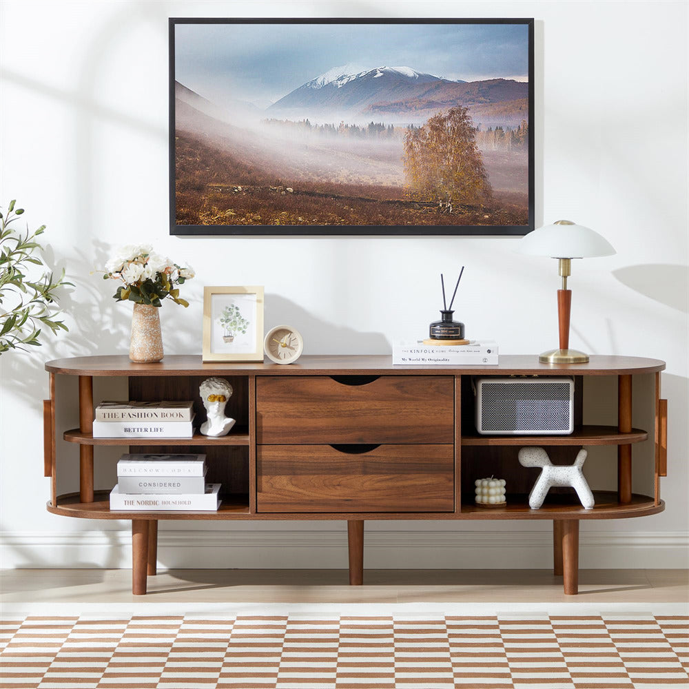 Walnut Modern TV Stand Console Table Entertainment Center with Storage Compartment and Sliding Door