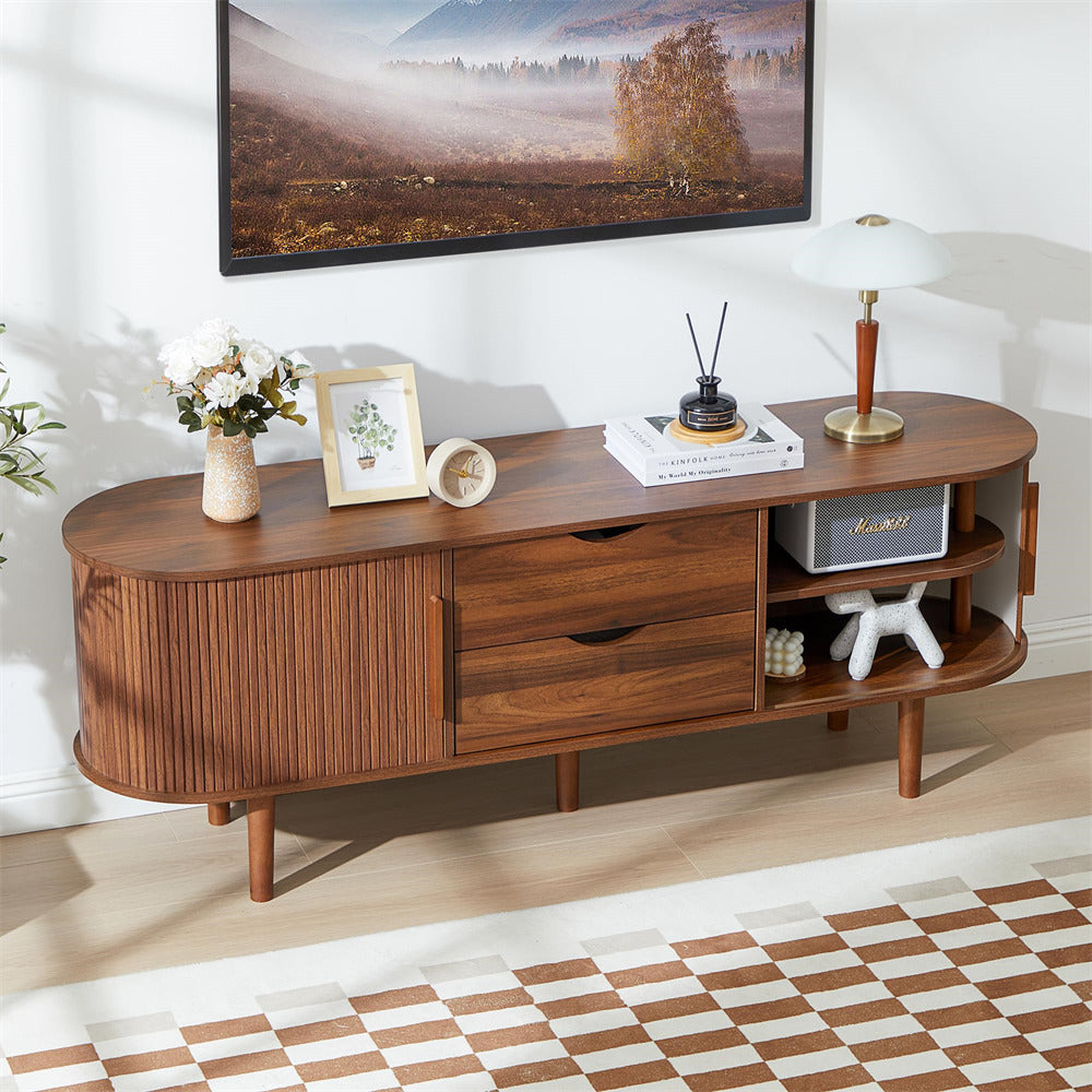 Walnut Modern TV Stand Console Table Entertainment Center with Storage Compartment and Sliding Door