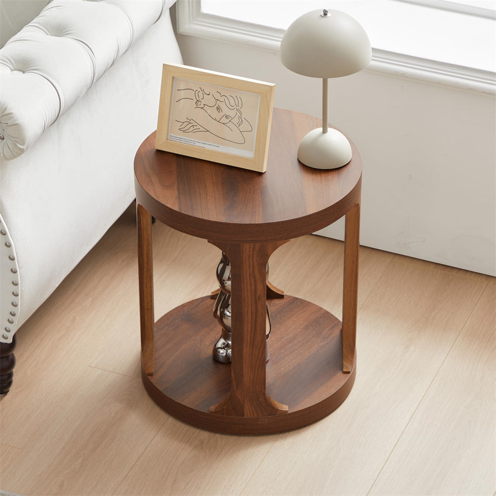 Walnut Sofa Side Table Set with 2-Tier Open Storage Shelves