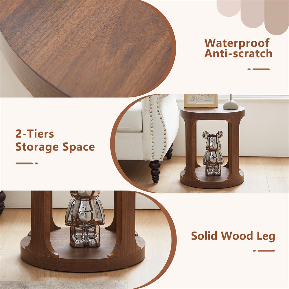 Walnut Sofa Side Table Set with 2-Tier Open Storage Shelves