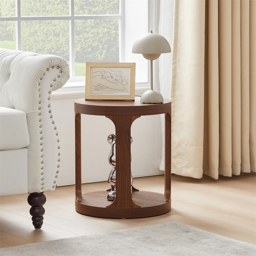 Walnut Sofa Side Table Set with 2-Tier Open Storage Shelves