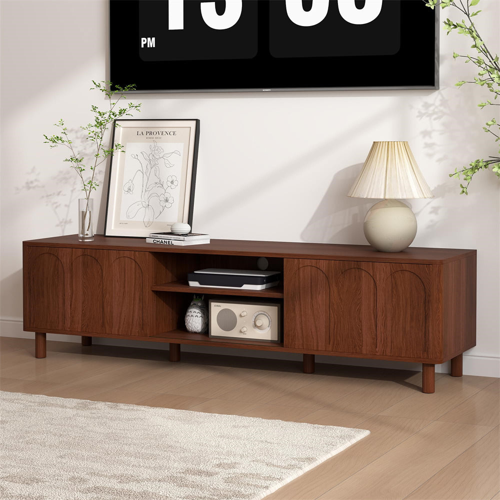 Walnut TV Stand for TVs up to 70'' Media Console with Sliding Doors and Adjustable Shelves