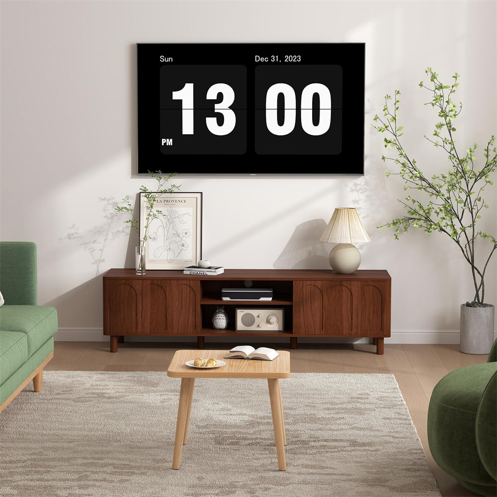 Walnut TV Stand for TVs up to 70'' Media Console with Sliding Doors and Adjustable Shelves