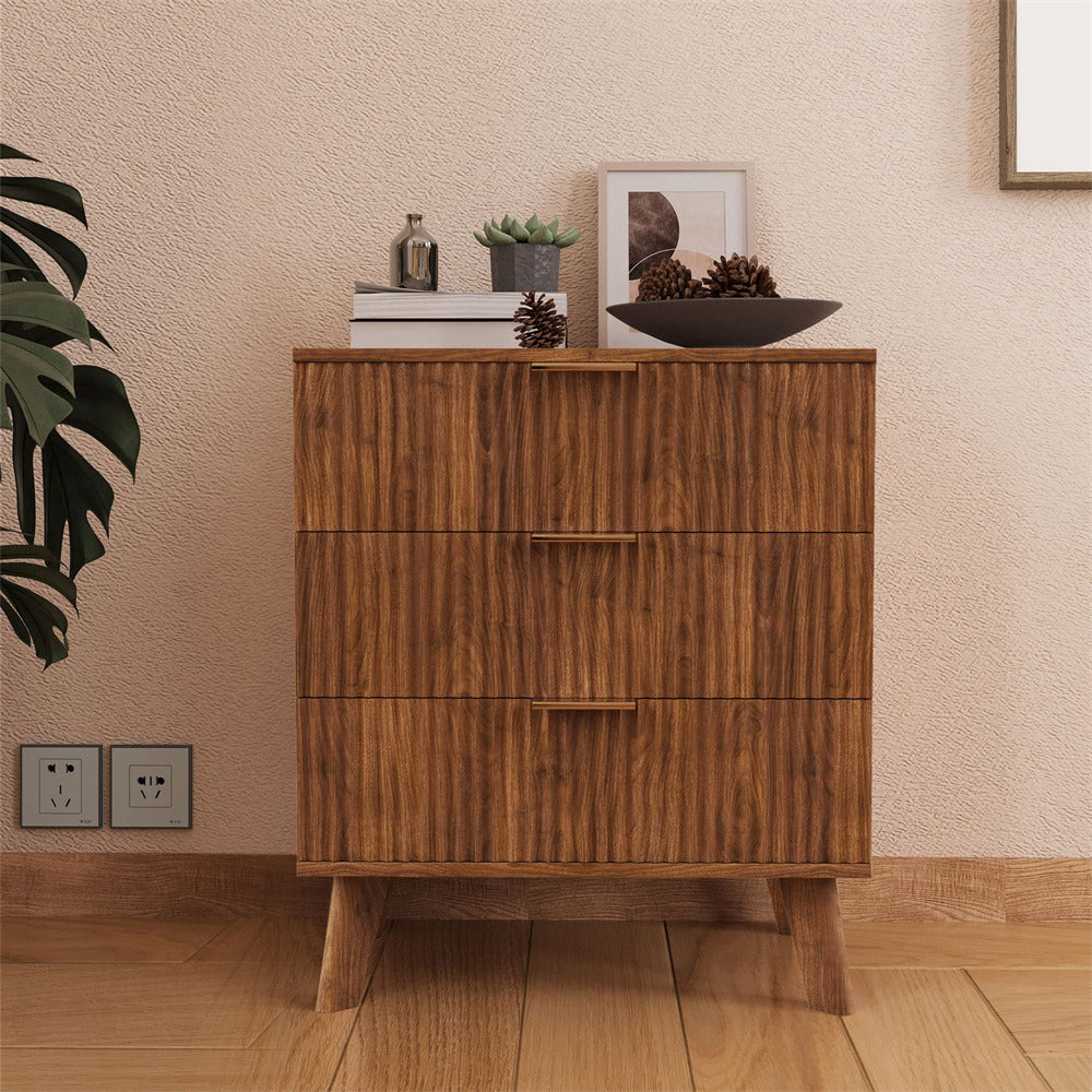 Walnut Wood Chest of Drawers with 3 Drawers and Waveform Panel