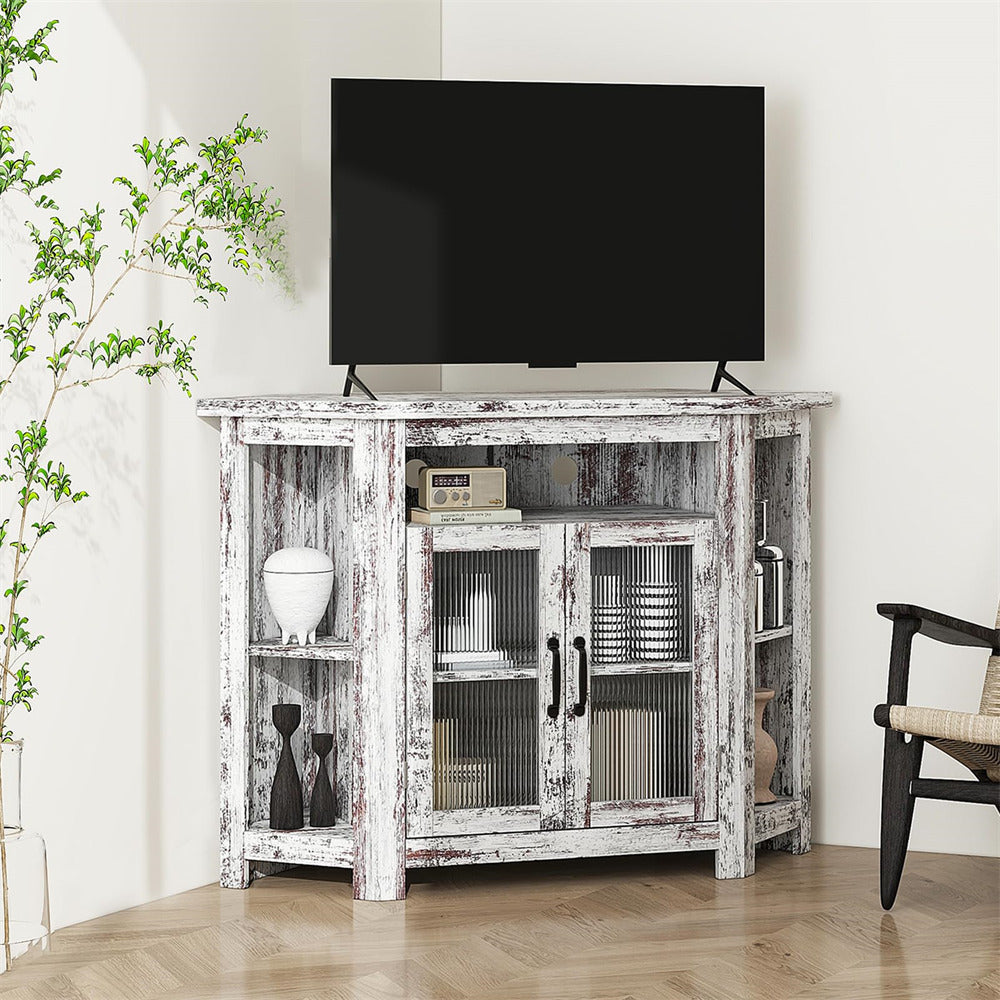 White Corner TV Stand Media Console Table 44 Inch Farmhouse Entertainment Center with Storage Shelves