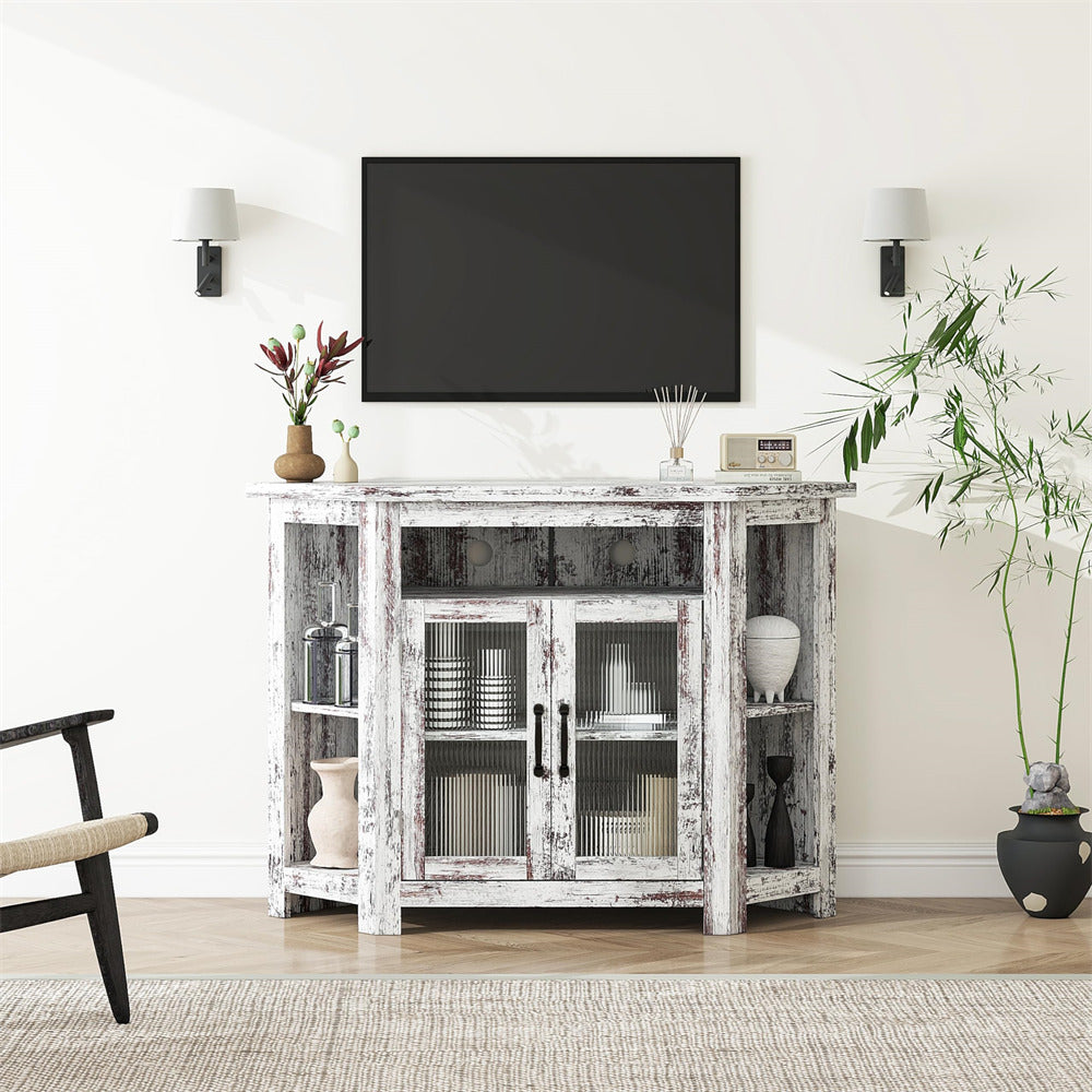 White Corner TV Stand Media Console Table 44 Inch Farmhouse Entertainment Center with Storage Shelves