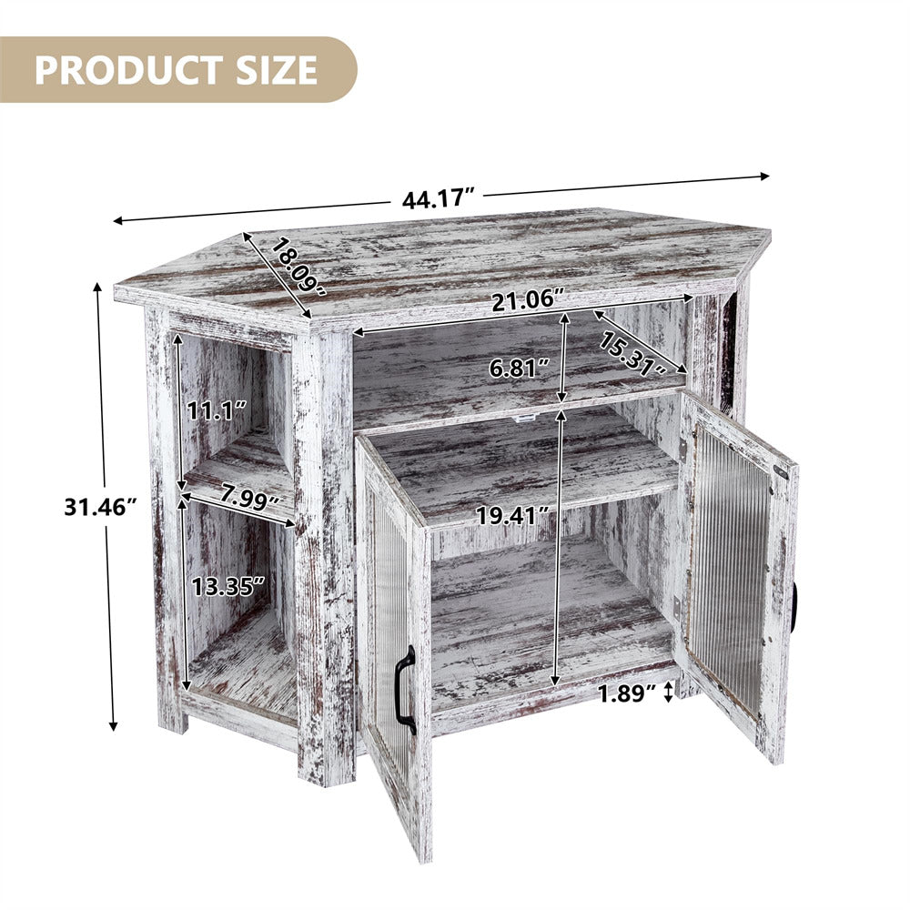 White Corner TV Stand Media Console Table 44 Inch Farmhouse Entertainment Center with Storage Shelves Size