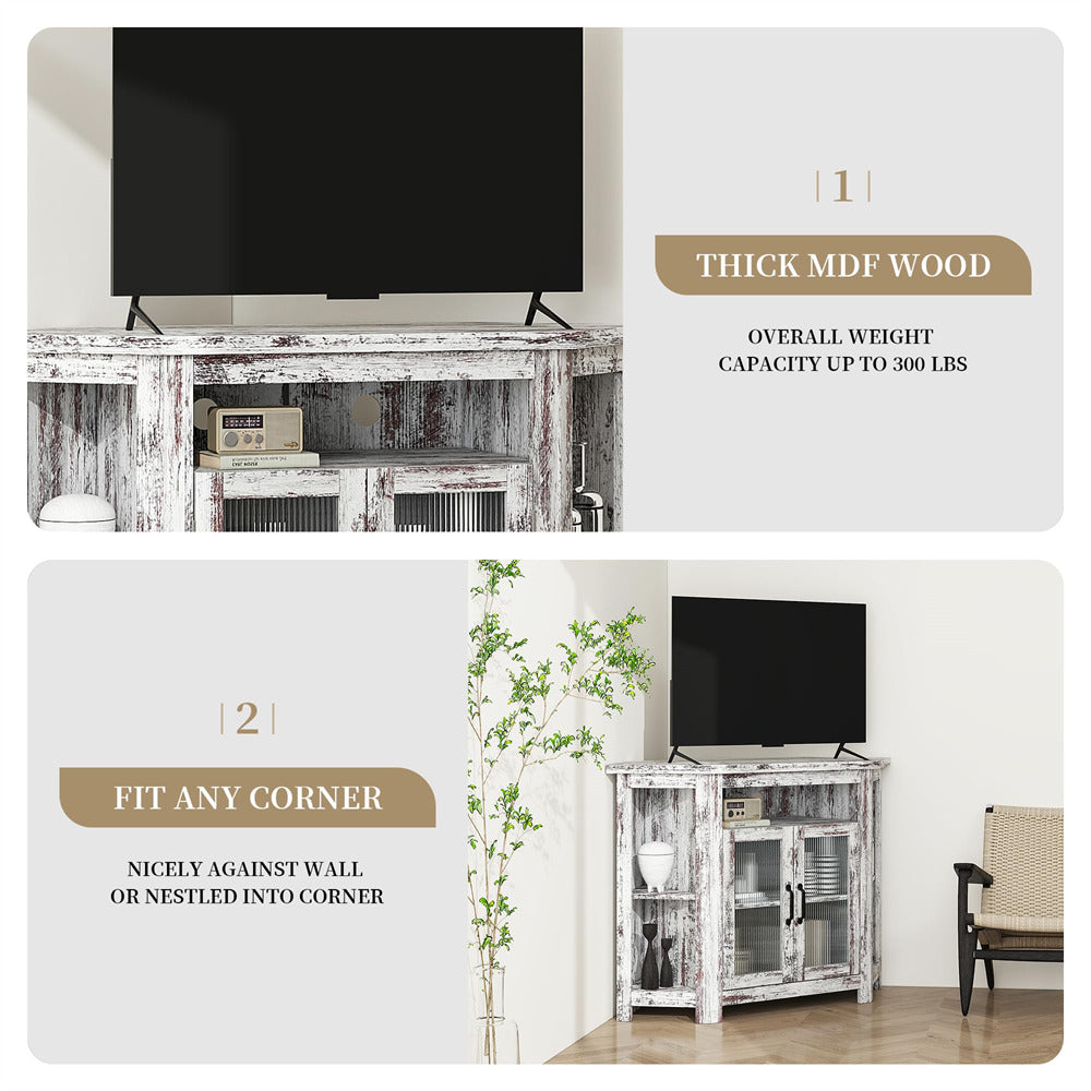 White Corner TV Stand Media Console Table 44 Inch Farmhouse Entertainment Center with Storage Shelves