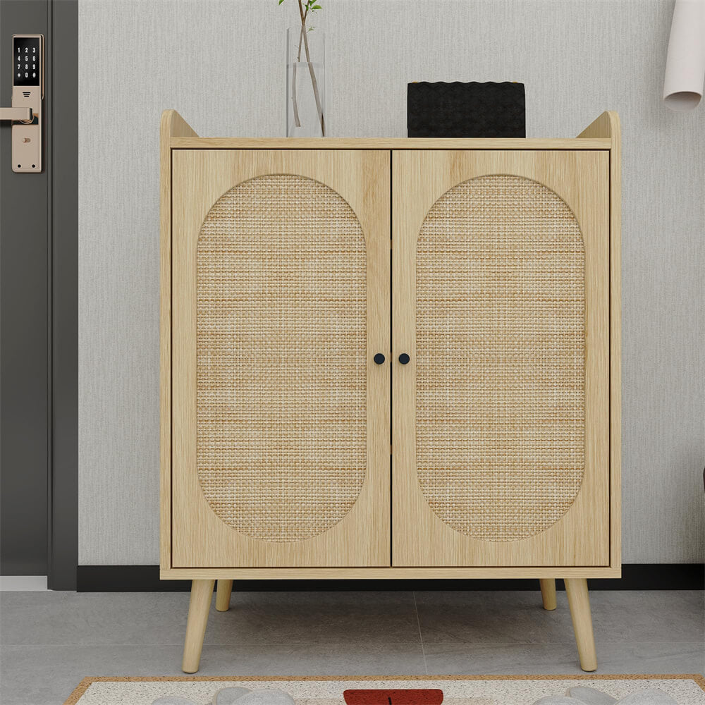 Wood Color Rattan Shoe Cabinet 4-Tier Freestanding Shoe Rack With 2 Rattan Doors
