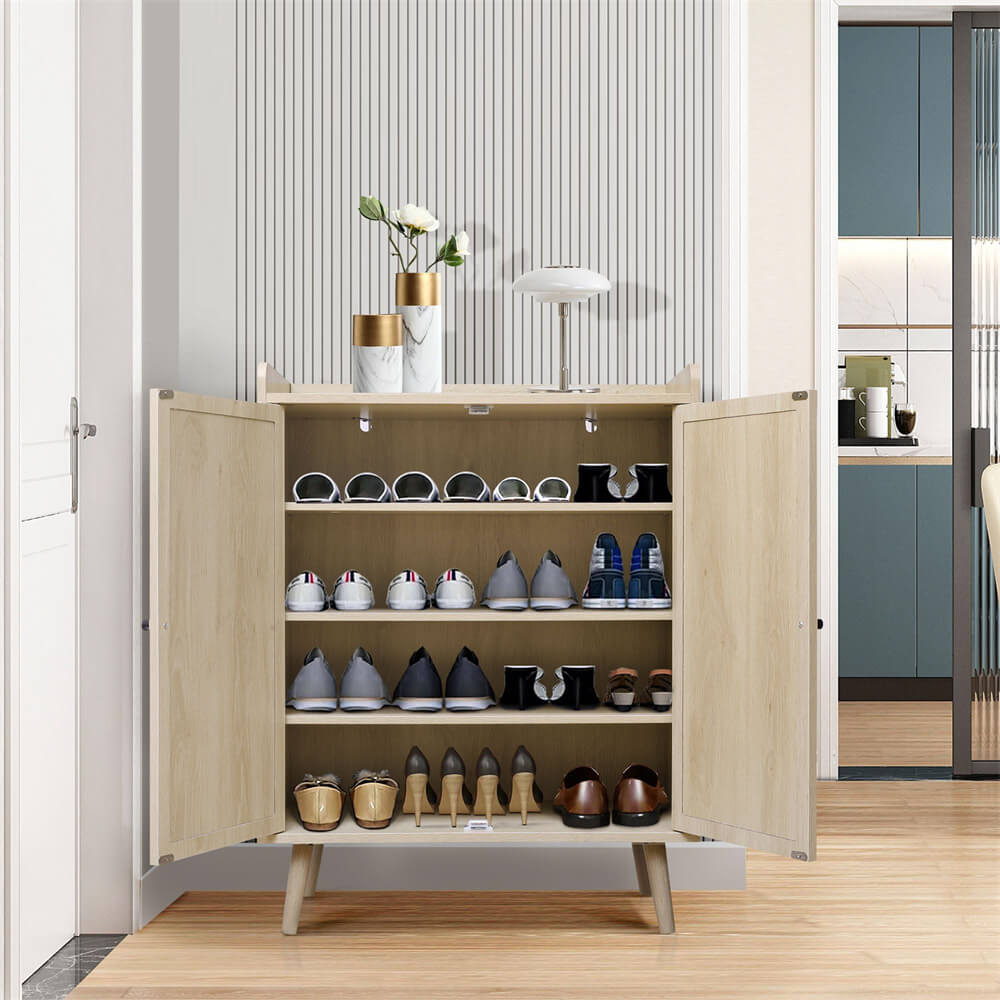 Wood Color Rattan Shoe Cabinet 4-Tier Freestanding Shoe Rack With 2 Rattan Doors