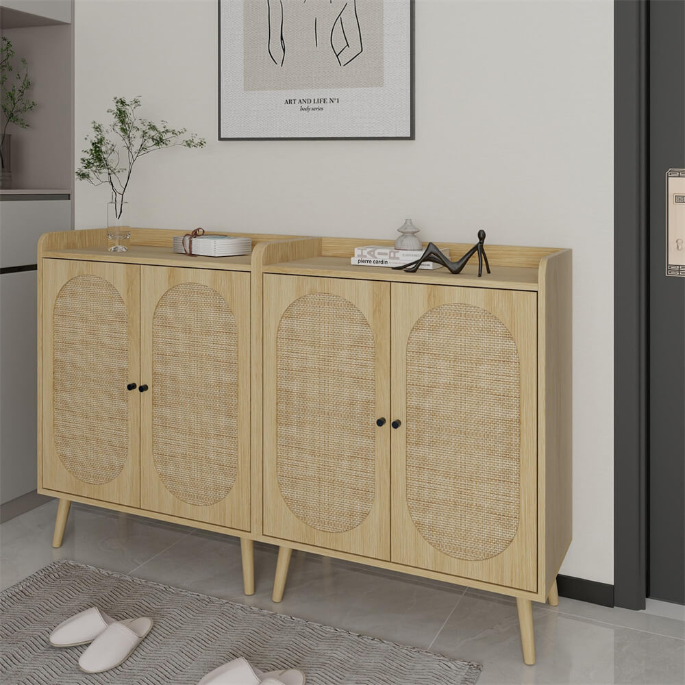 Wood Color Rattan Shoe Cabinet 4-Tier Freestanding Shoe Rack With 2 Rattan Doors