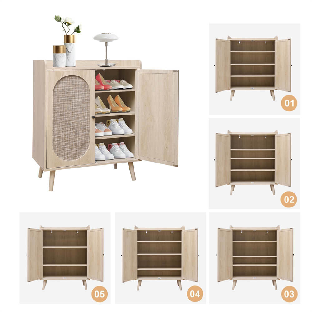 Wood Color Rattan Shoe Cabinet 4-Tier Freestanding Shoe Rack With 2 Rattan Doors