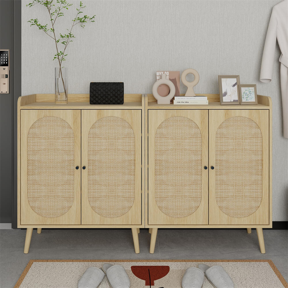 Wood Color Rattan Shoe Cabinet 4-Tier Freestanding Shoe Rack With 2 Rattan Doors
