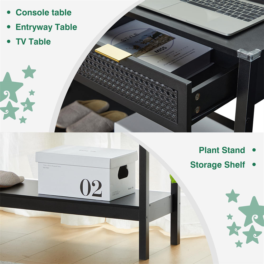 Wood Entryway Console Table Black with Storage and Metal Rattan Drawers