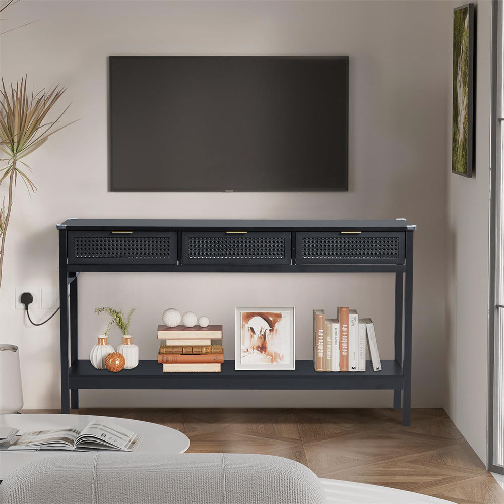Wood Entryway Console Table Black with Storage and Metal Rattan Drawers