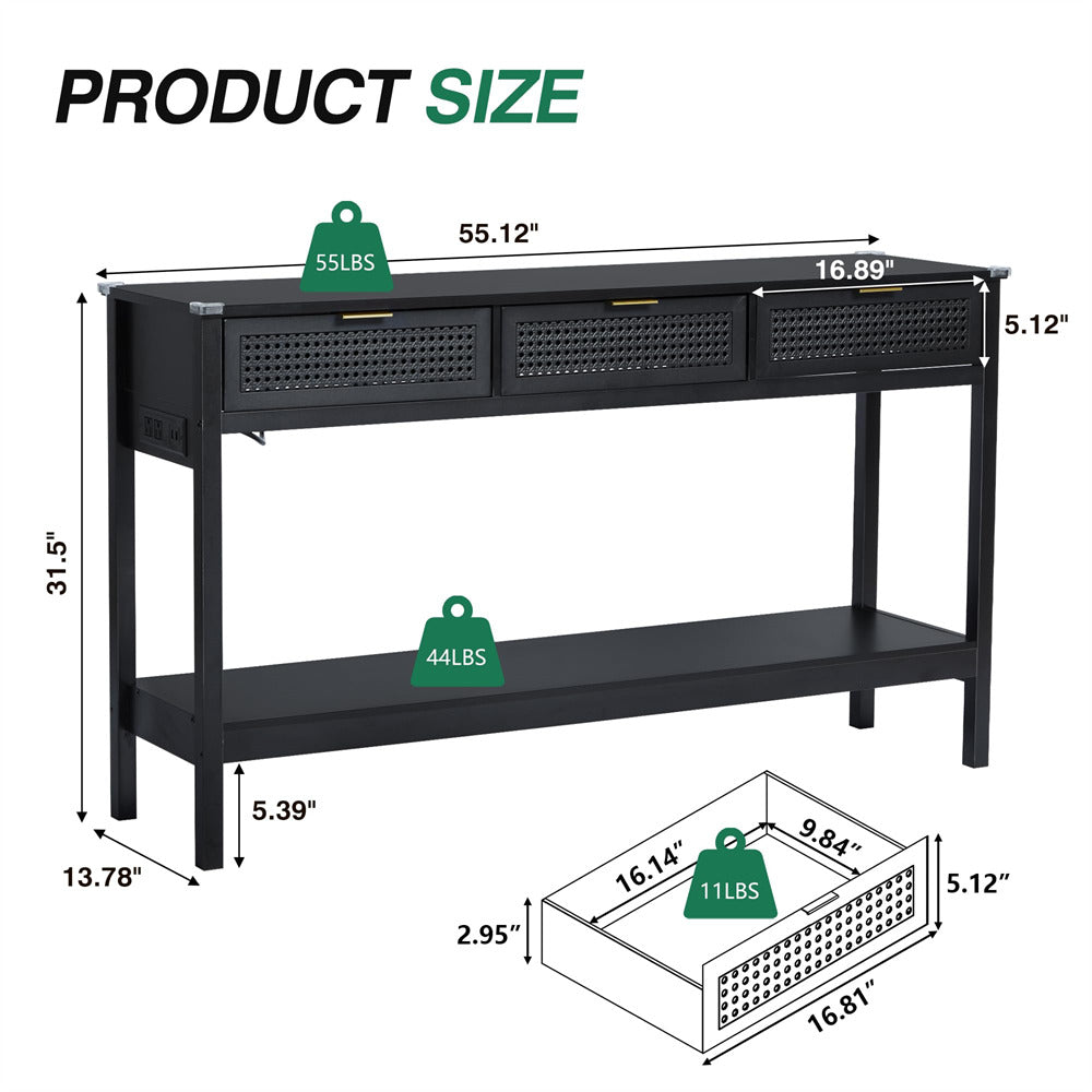 Wood Entryway Console Table Black with Storage and Metal Rattan Drawers