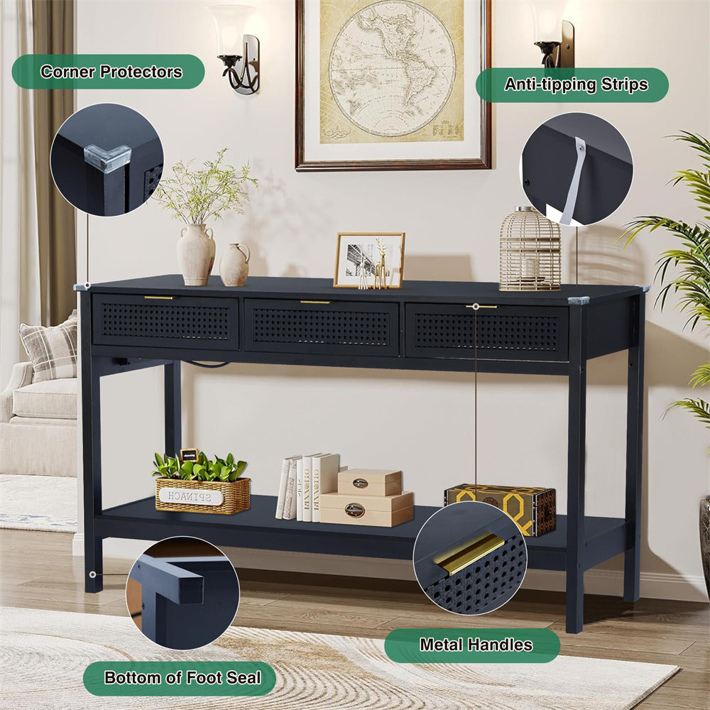 Wood Entryway Console Table Black with Storage and Metal Rattan Drawers