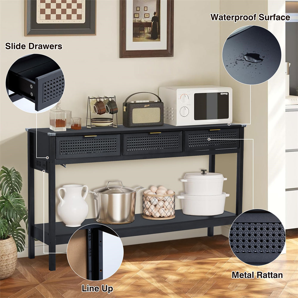 Wood Entryway Console Table Black with Storage and Metal Rattan Drawers
