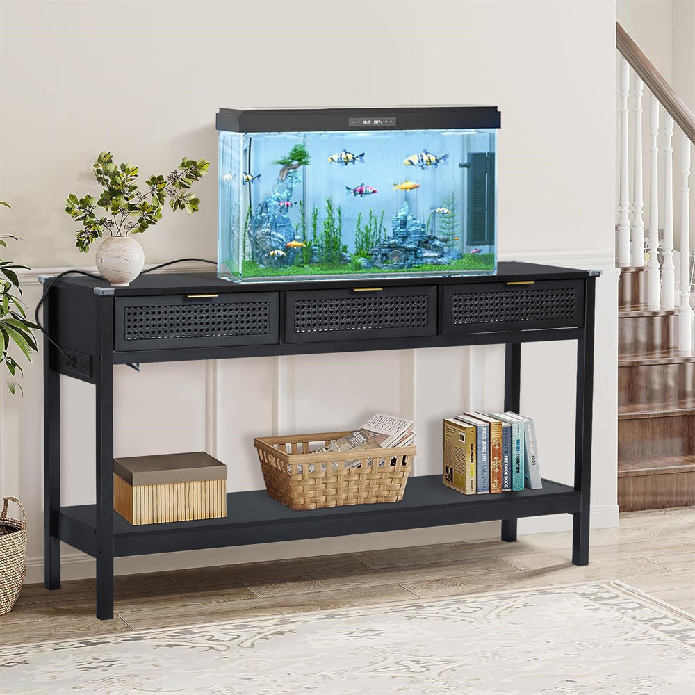 Wood Entryway Console Table Black with Storage and Metal Rattan Drawers