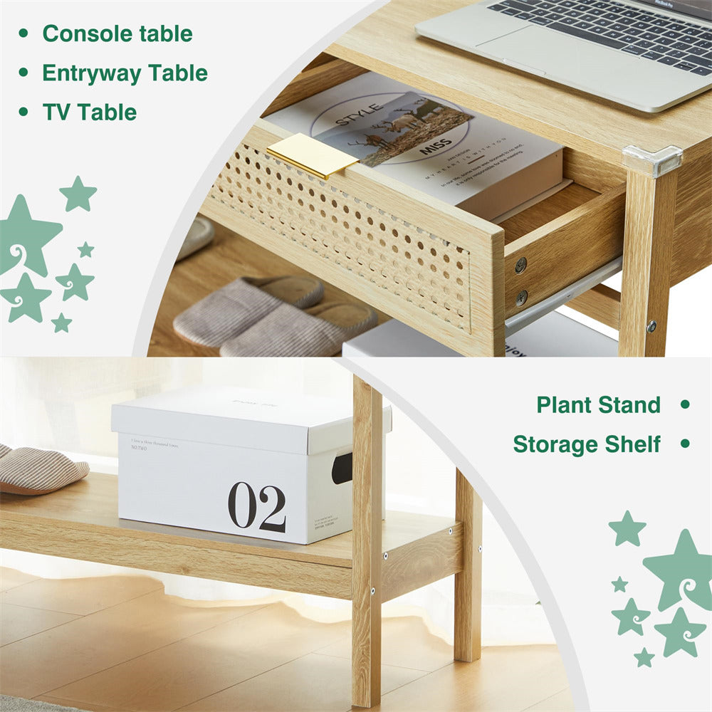 Wood Entryway Console Table Natural with Storage and Metal Rattan Drawers