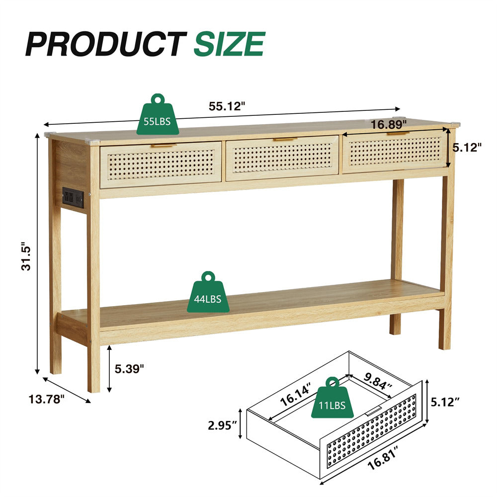 Wood Entryway Console Table Natural with Storage and Metal Rattan Drawers