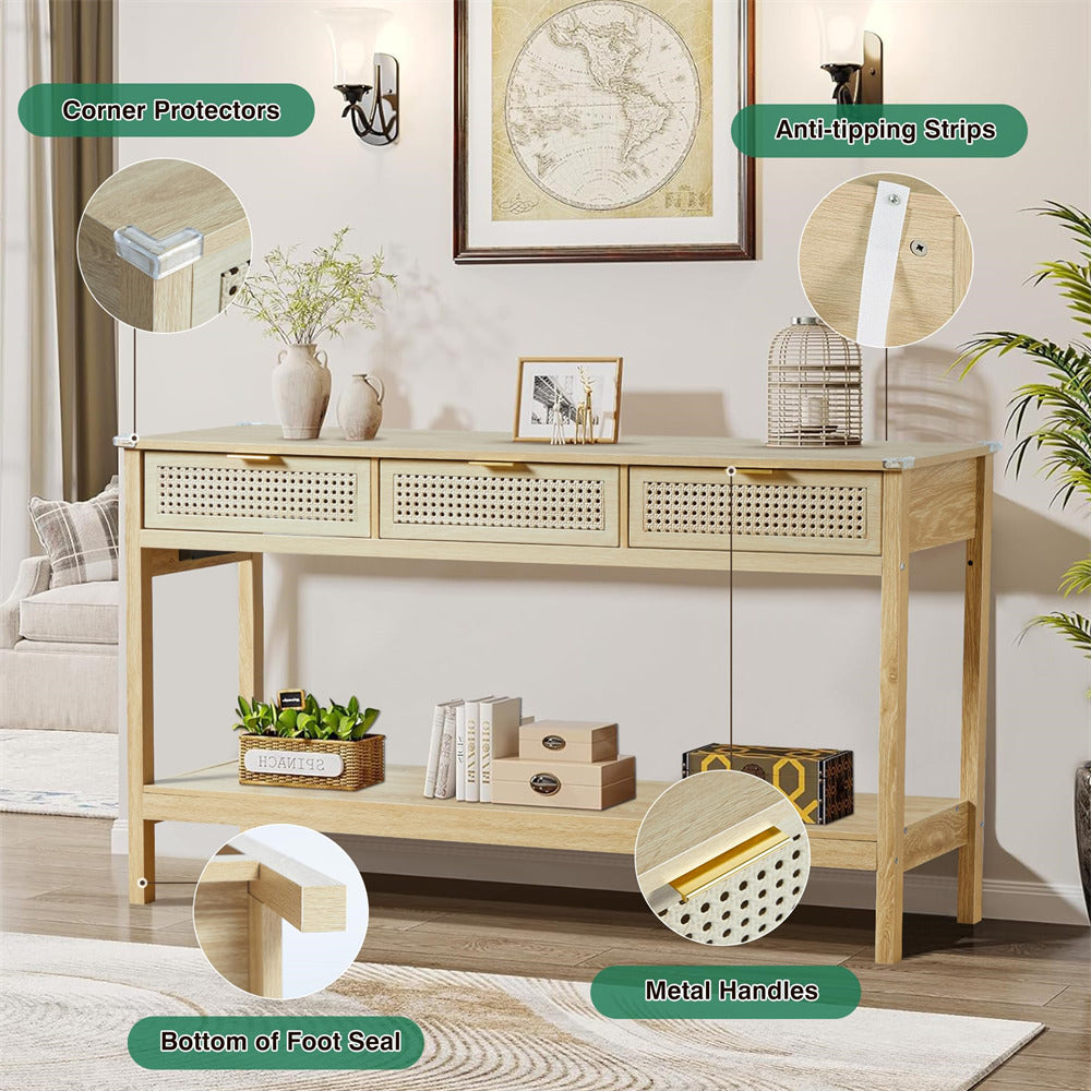 Wood Entryway Console Table Natural with Storage and Metal Rattan Drawers