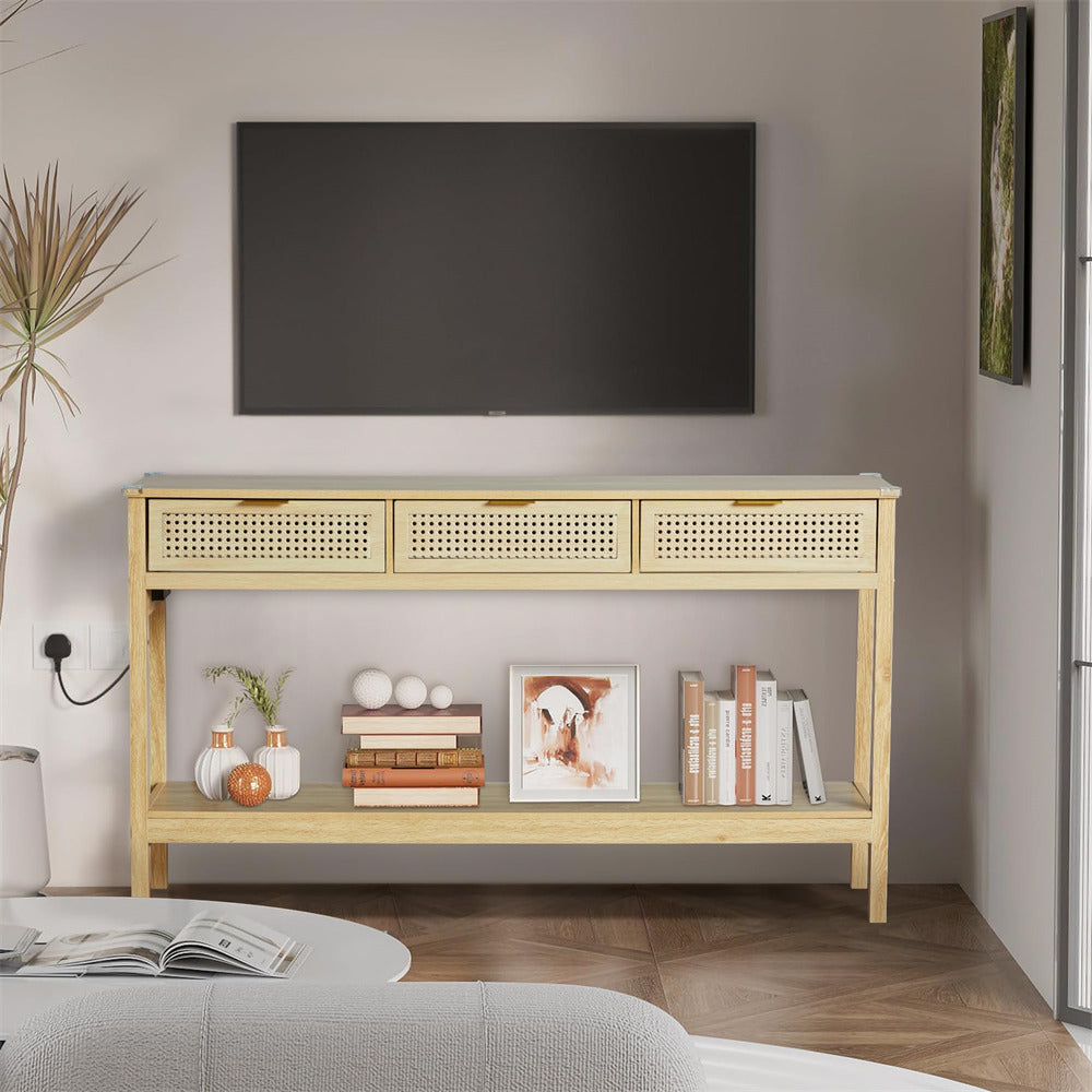 Wood Entryway Console Table Natural with Storage and Metal Rattan Drawers