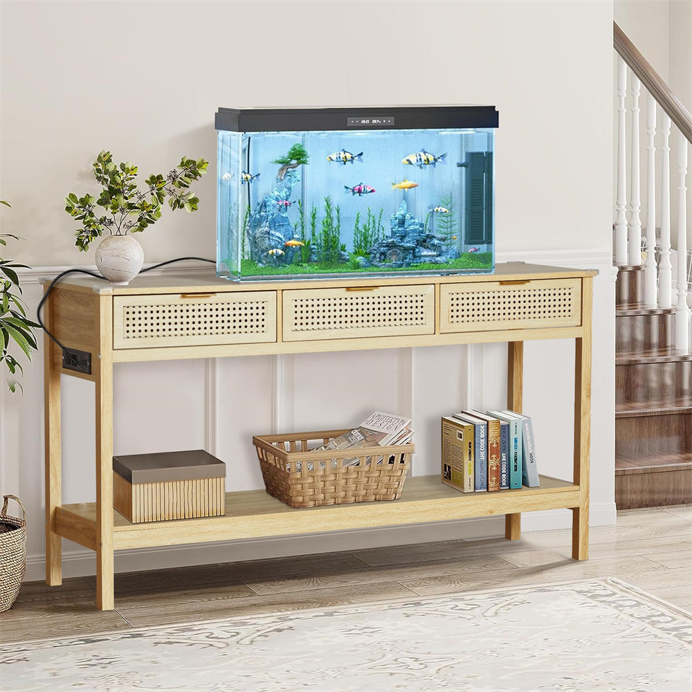 Wood Entryway Console Table Natural with Storage and Metal Rattan Drawers