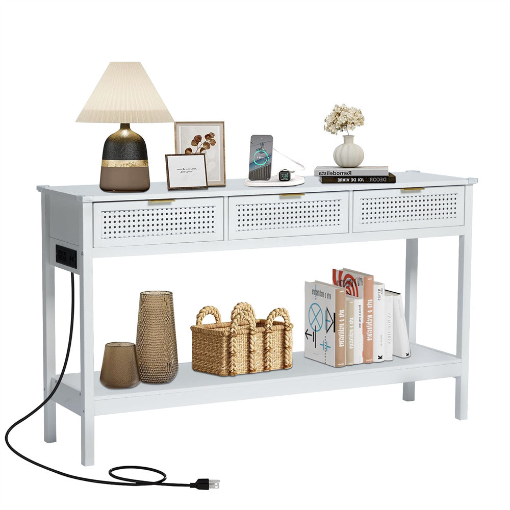 Wood Entryway Console Table White with Storage and Metal Rattan Drawers