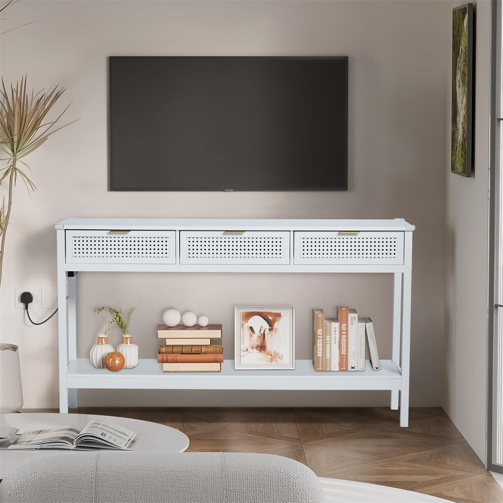 Wood Entryway Console Table White with Storage and Metal Rattan Drawers