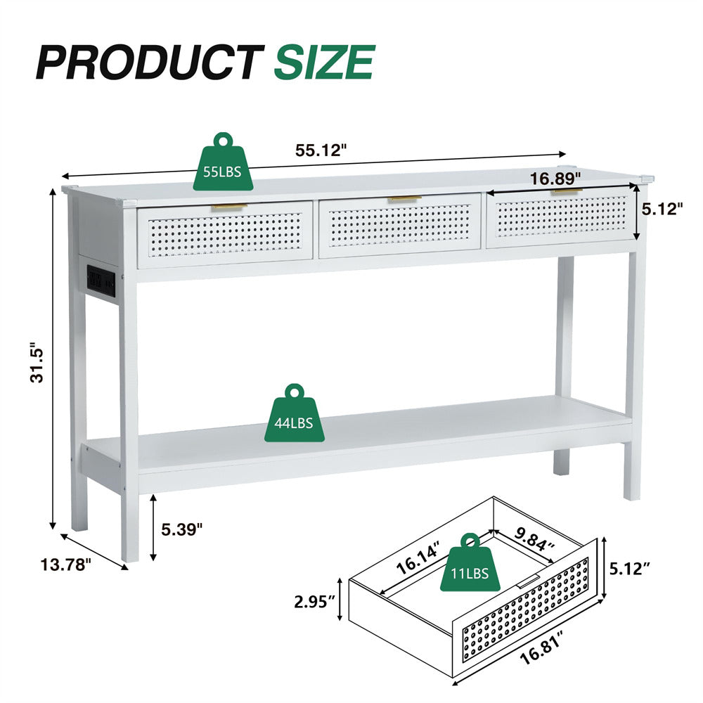 Wood Entryway Console Table White with Storage and Metal Rattan Drawers