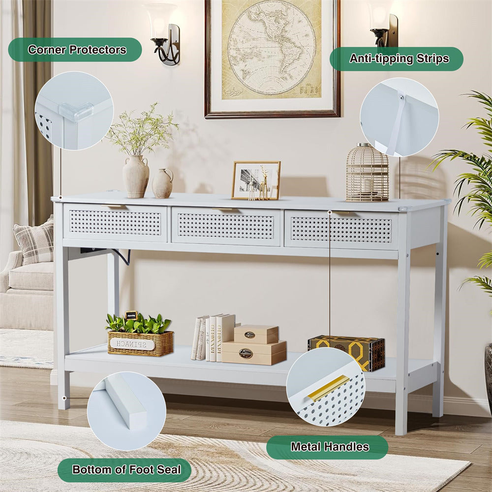 Wood Entryway Console Table White with Storage and Metal Rattan Drawers