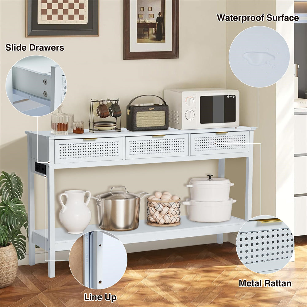 Wood Entryway Console Table White with Storage and Metal Rattan Drawers