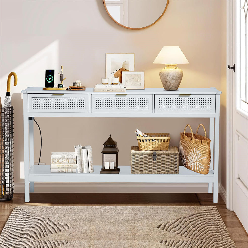 Wood Entryway Console Table White with Storage and Metal Rattan Drawers